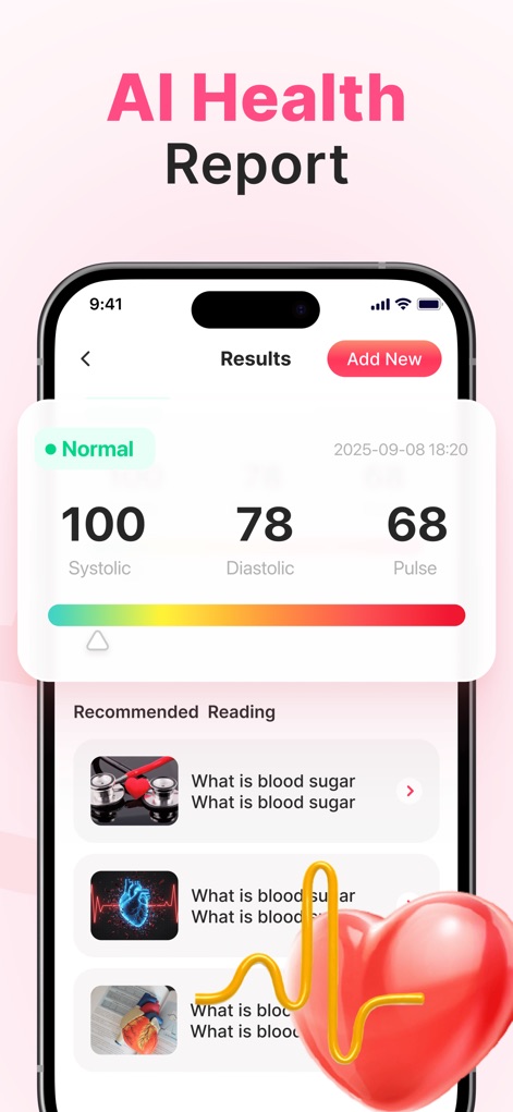 PulseGuard Ai - The app generates comprehensive health reports, clearly categorizing results as 'Normal' and presenting personalized recommendations with relevant health articles.