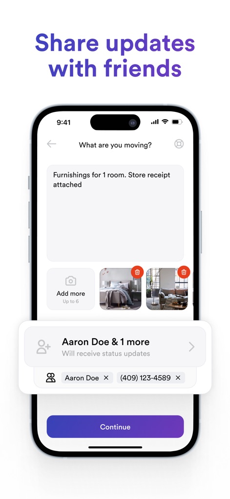 Lugg - Moving & Delivery - Esta pantalla permite a los usuarios añadir detalles específicos sobre lo que se va a mover, incluyendo la posibilidad de "Add more" fotos, y compartir actualizaciones de estado del servicio con contactos seleccionados como "Aaron Doe".