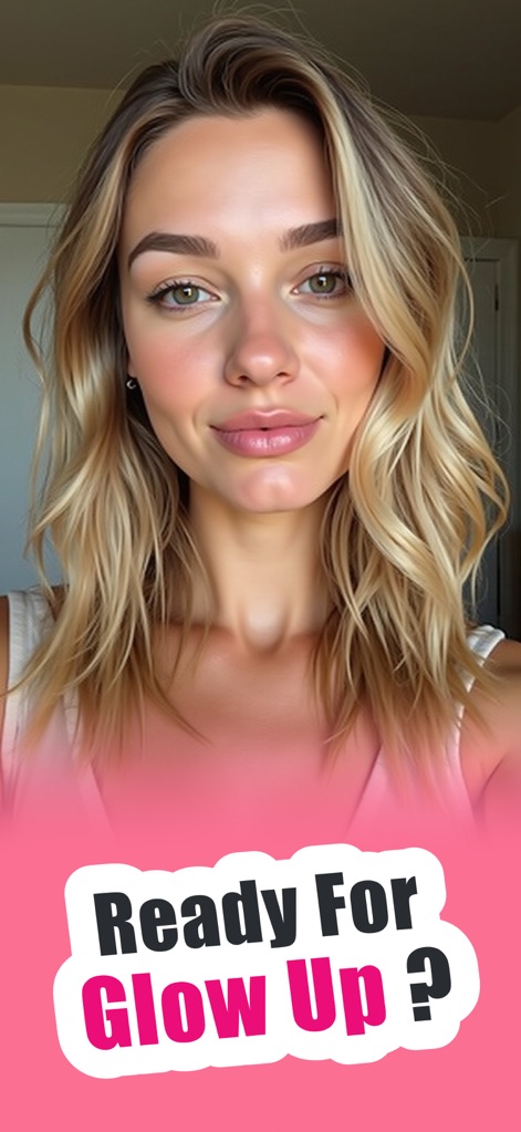 Glamour:Color Analysis&Glow Up - このアプリは、ユーザーが変身する準備が整っていることを示唆しています。女性の魅力的な笑顔と「Ready For Glow Up？」という視覚的テキスト要素が、変身への期待感を高めます。