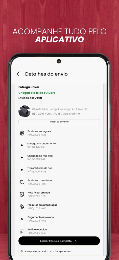 Dafiti - Your smartfashion - This tool provides a comprehensive order timeline, allowing users to monitor each step from 'Pedido recebido' to 'Entrega única', complete with specific product details like the 'Chinelo Slide Hering Shoes'.