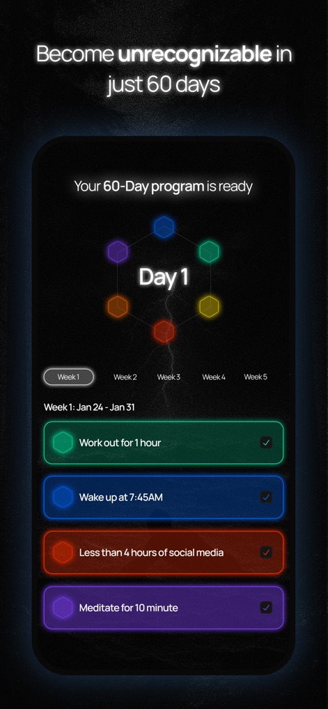 DAWG - Discipline & Motivation - Users can follow a structured '60-Day program' with clear daily tasks, progressing through distinct 'Week' tabs to achieve rapid personal growth.