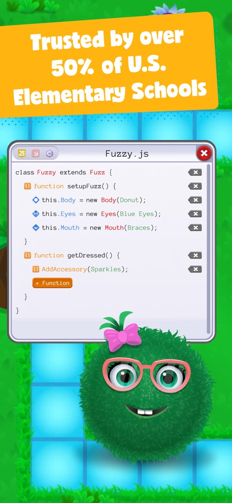 Kodable Basics - Observez comment l'interface permet d'écrire du vrai code JavaScript pour personnaliser les personnages, une approche approuvée par plus de 50% des écoles primaires américaines.
