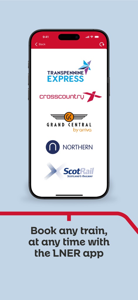 LNER | Train Times & Tickets - O aplicativo permite a reserva de bilhetes para múltiplas operadoras de trem, como indicado pelos logotipos da 'TransPennine Express' e 'ScotRail'.