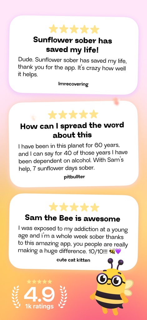 Sunflower - Quit Any Addiction - Read inspiring user testimonials and view the app's impressive 4.9-star rating based on over 1,000 reviews.