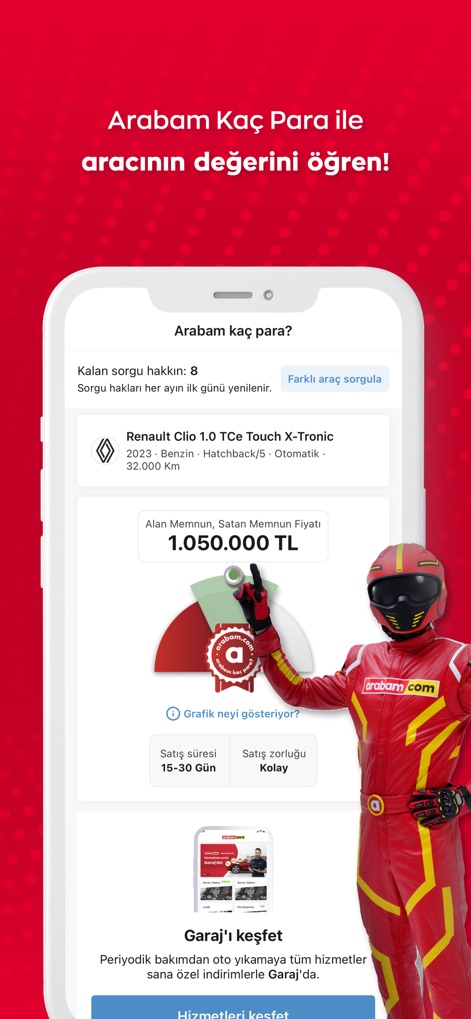 arabam.com - Diese Funktion zeigt den geschätzten Marktwert eines Fahrzeugs, wie den von einem Renault Clio mit einem Wert von 1.050.000 TL, und gibt Hinweise zur erwarteten 'Satış süresi'.