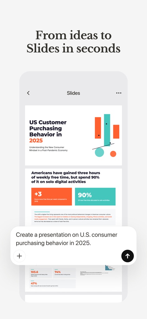 Manus - AI Agent & Automation - O aplicativo simplifica a criação de apresentações, como demonstrado pela slide 'US Customer Purchasing Behavior' e a sugestão de gerar conteúdo sobre 'comportamento de compra do consumidor'.