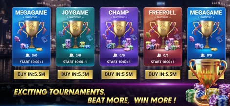 Texas Poker:Texas Holdem Game - A galeria mostra diversas opções de torneios, incluindo "Megagame" e "Freeroll", onde troféus são as recompensas e o "BUY IN" para entrar está claramente indicado.