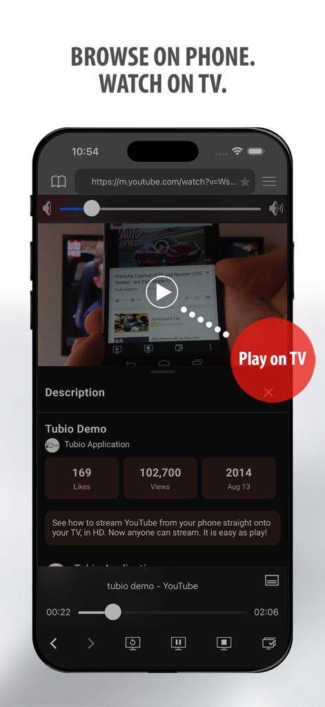 Tubio - Cast Web Videos to TV - Esta herramienta optimiza la experiencia al permitir la navegación de contenido en el teléfono y la reproducción en la TV, destacando el botón "Play on TV" y el navegador integrado.