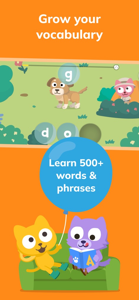 Learn English – Studycat - Users build vocabulary through interactive spelling games, as shown by letters forming 'dog', and are motivated by the clear goal to 'Learn 500+ words & phrases'.