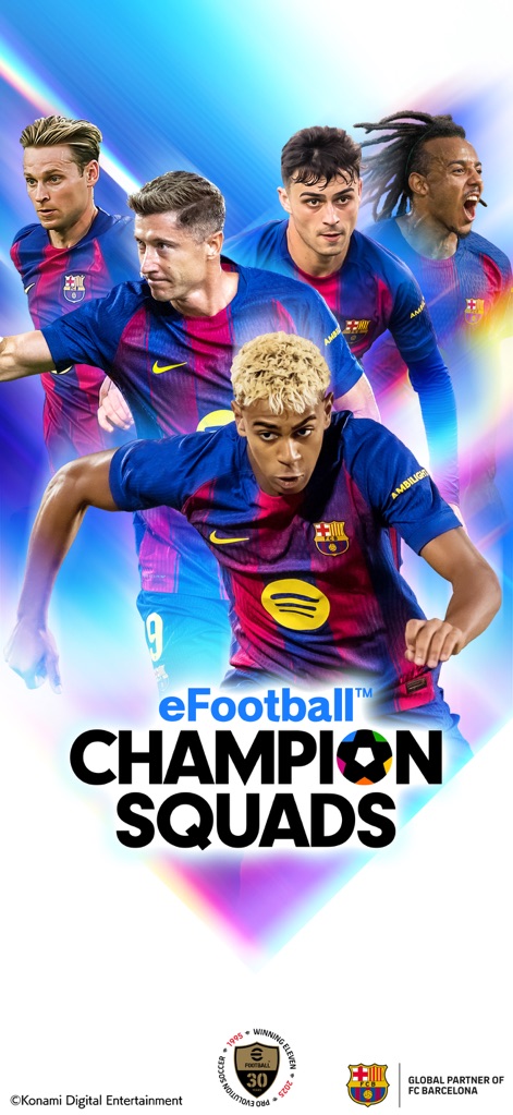 eFootball™ CHAMPION SQUADS - The app introduces iconic real-world players like Lewandowski and Pedri, highlighting the vibrant eFootball™ CHAMPION SQUADS branding.