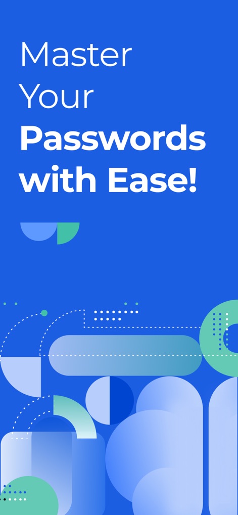 Authenticator App ⁸ - この魅力的なプロモーション画面は、抽象的な幾何学的デザインの背景と、パスワード管理の容易さを伝えるキャッチーなメッセージ「Master Your Passwords with Ease!」で構成されています。