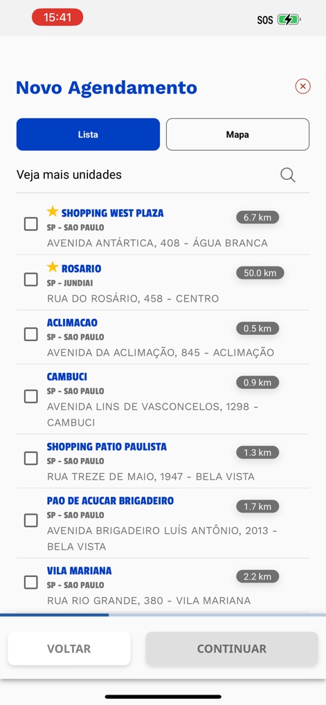 Espacolaser - Users can browse a comprehensive list of clinics, complete with their addresses and distance from the current location, to find the most suitable option.