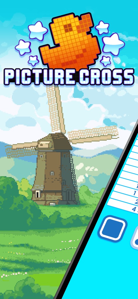 Picture Cross - Die App präsentiert ihr ikonisches Logo mit einem Pixel-Entchen und eine idyllische Pixel-Landschaft mit Windmühle, um die charmante Ästhetik des Spiels zu betonen.