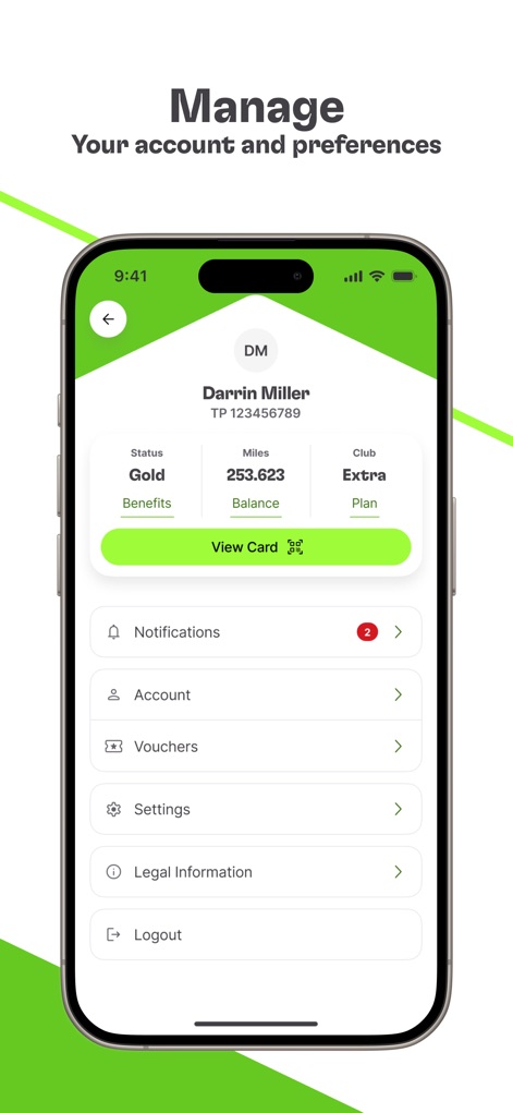 TAP Air Portugal - The app centralizes user account details, showcasing 'Miles' balance and allowing access to 'Notifications' and other preferences.