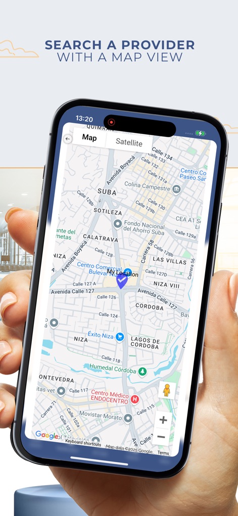 VUMI Travel VIP - Cet outil visualise les fournisseurs médicaux sur une carte interactive, permettant de localiser précisément des centres comme "Centro Médico ENDOCENTRO" et d'obtenir des indications via la fonction de géolocalisation.