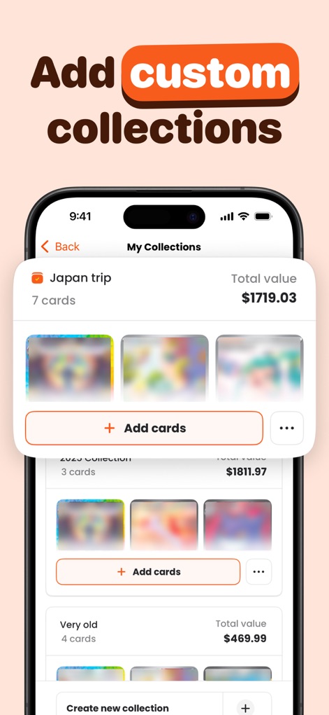 Acorn TCG ‒ Card Scanner App - Users can meticulously organize their cards into custom collections, such as 'Japan trip' with a total value of '$1719.03', and easily add new cards to existing sets.