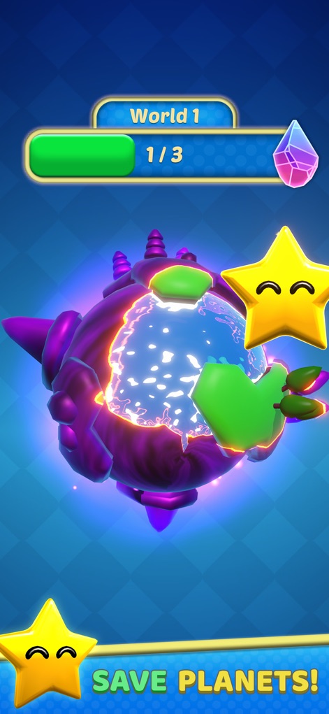 Pearl Gem! - La aplicación muestra su sistema de progresión a través de un diseño futurista del planeta, acompañado de una clara interfaz de progreso de nivel que guía a los usuarios.