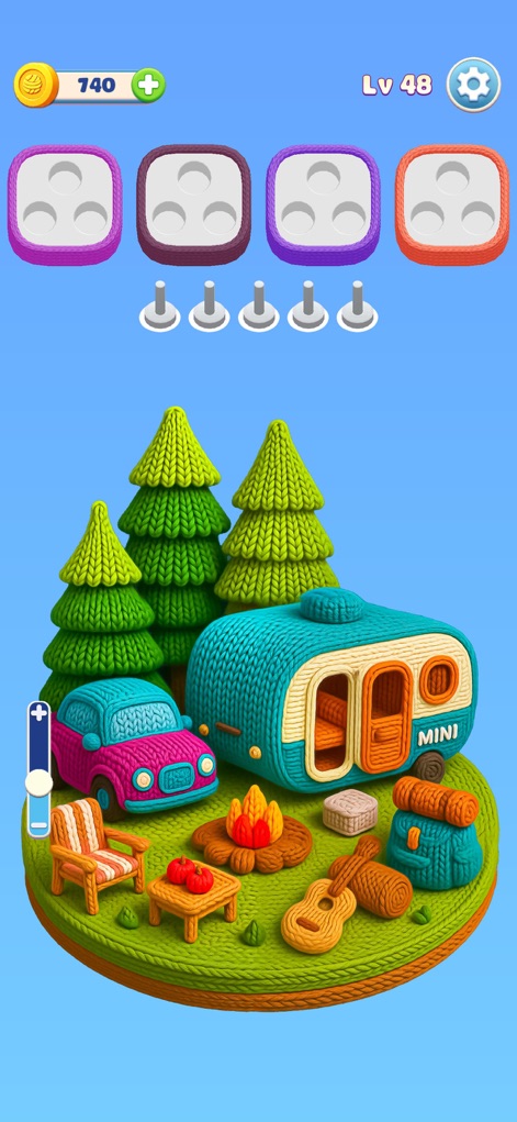 Wool Frenzy - Yarn Match 3D - Explore intricate knitted models like the charming caravan and adventurous car, alongside the intuitive yarn collection slots that drive the match-3 gameplay.