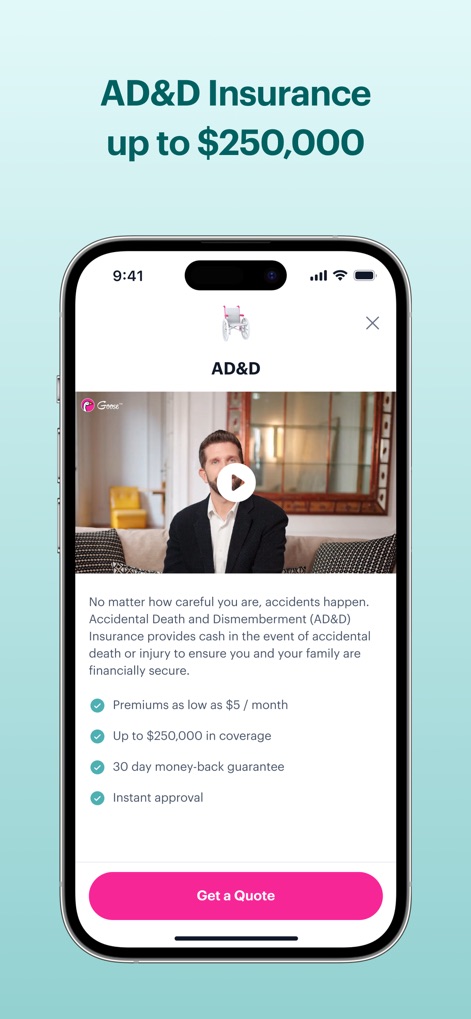 Goose Insurance - Os usuários podem assistir a um vídeo sobre o Seguro de Morte Acidental e Desmembramento (AD&D) e analisar os benefícios, como "Premiums as low as $5 / month" e a cobertura de até "Up to $250,000 in coverage".