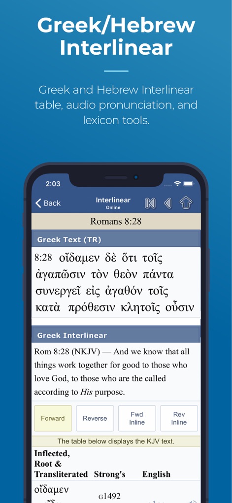 Blue Letter Bible - Delve into the original languages with the interlinear display, revealing the Greek text alongside its English translation and providing access to detailed Strong's numbers for precise word study.