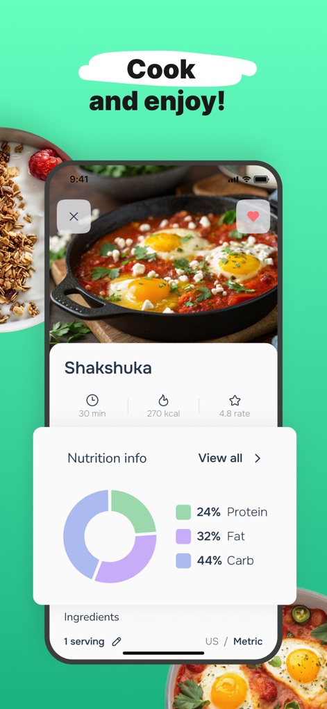 Eatr: Tasty Cooking Recipes - Esta captura presenta la vista detallada de una receta, mostrando la información nutricional desglosada en un gráfico circular con los porcentajes de 'Proteínas' y 'Carbohidratos'.