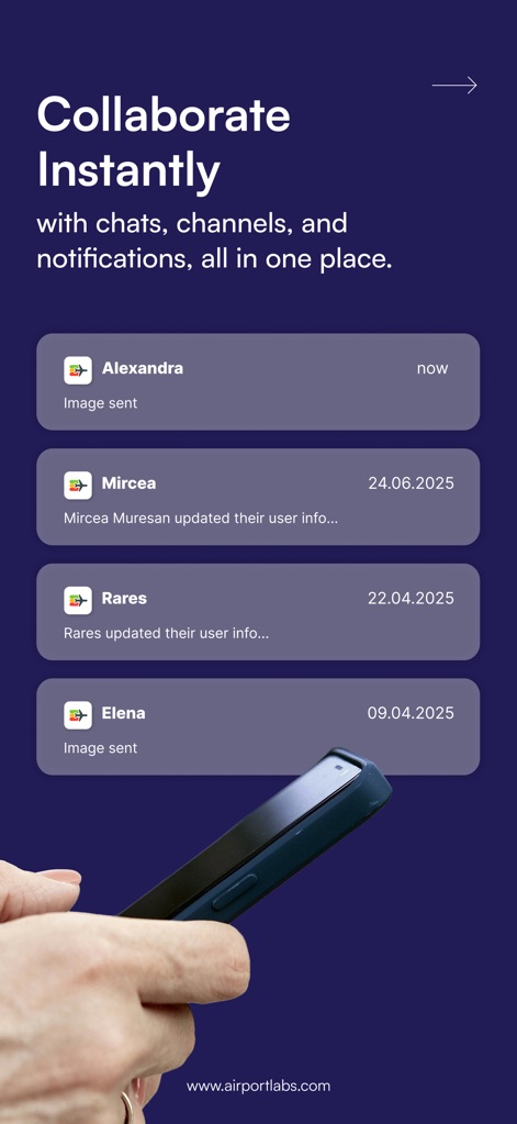 Airport Community - アプリ内チャット、チャンネル、通知機能を活用して、チームメンバーと迅速なコミュニケーションを実現します。ユーザーは「Alexandraからの画像送信」や「Mirceaのユーザー情報更新通知」を通じて、リアルタイムな情報共有が可能です。