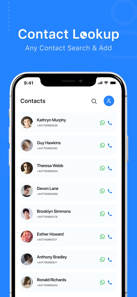 True: Call ID &Number Search - The app allows for easy contact lookup, displaying a clear list of contacts with direct WhatsApp and call icons for quick communication.