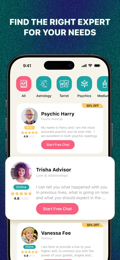 PsychicBook - Psychic Reading - Explore a wide selection of top readers, each with ratings and specializations, and easily filter experts using dedicated categories like Astrology, Tarot, and Psychics.