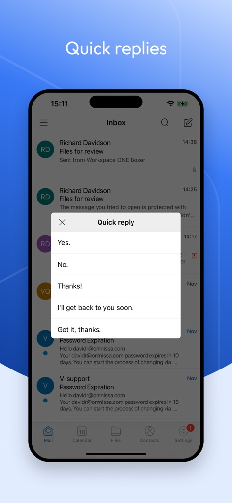 Boxer - Workspace ONE - Dalla comoda lista di email, l'app offre la funzionalità di "Risposte veloci" tramite un popup dedicato per interagire in modo efficiente e immediato.