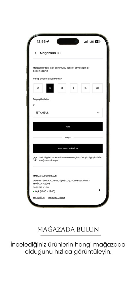 adL - Fashion - This feature allows users to verify product availability by selecting their size and inputting a location, facilitating quick searches with the prominent "Ara" (Search) button.