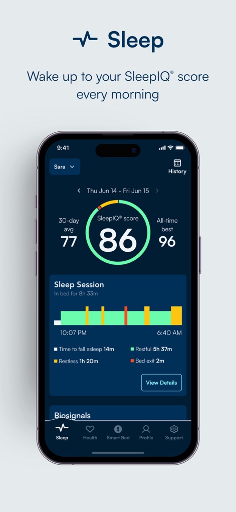 Sleep Number - This section provides a comprehensive breakdown of sleep sessions, illustrating periods of restful and restless sleep, alongside the daily SleepIQ score.