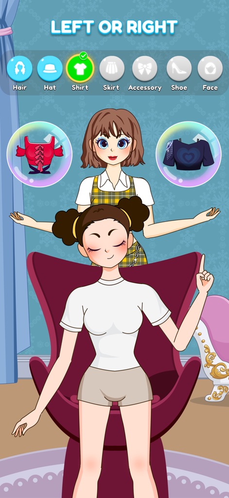 Star Style: Left Right Fashion - The game provides a dynamic category switching interface for apparel, enabling users to compare dual item options side-by-side before making their fashion choice.