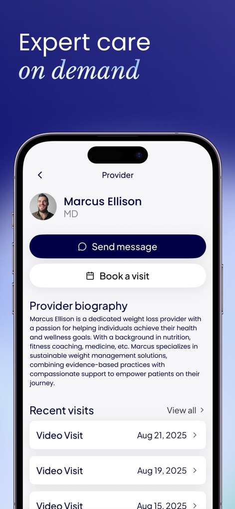 Mochi Health: Weight Loss Care - This view showcases detailed provider biographies, emphasizing their specialization in weight management, and offers convenient "Send message" and "Book a visit" options for direct patient-provider communication.