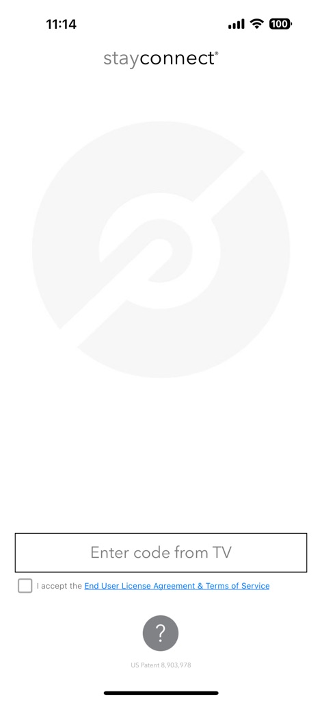 stayconnect® remote - See how the app simplifies initial setup with a clear 'Enter code from TV' input field and required 'End User License Agreement & Terms of Service' acceptance.