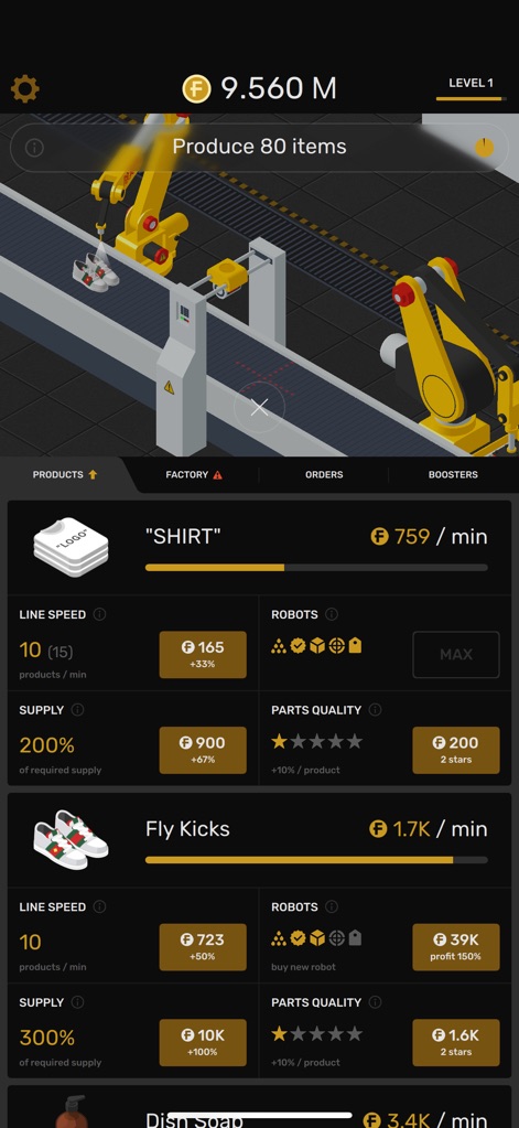 Factory: Idle & Tycoon Game - Users can dive into detailed line speed and parts quality metrics for each product, enabling strategic optimization of their factory's output.