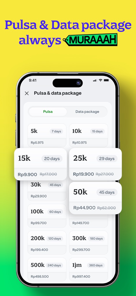 GoPay: Transfer, Payment, QRIS - Examine the "Pulsa & data package" screen, presenting a variety of options alongside their competitive "MURAAAH" pricing for essential digital purchases.