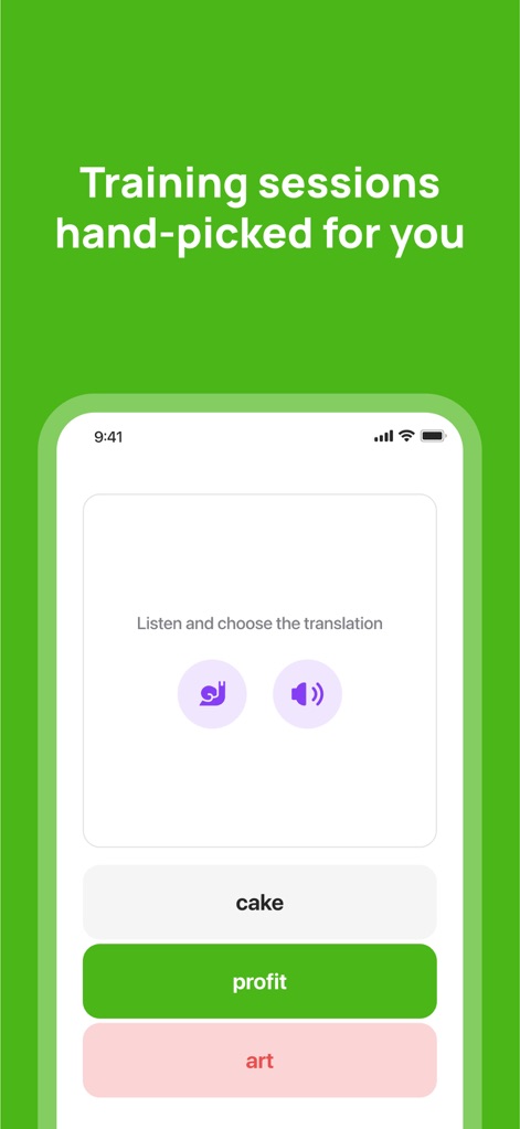 10 Minute English - Explore the app's dynamic training sessions, presenting users with interactive vocabulary questions and essential speaker and microphone icons for pronunciation practice.