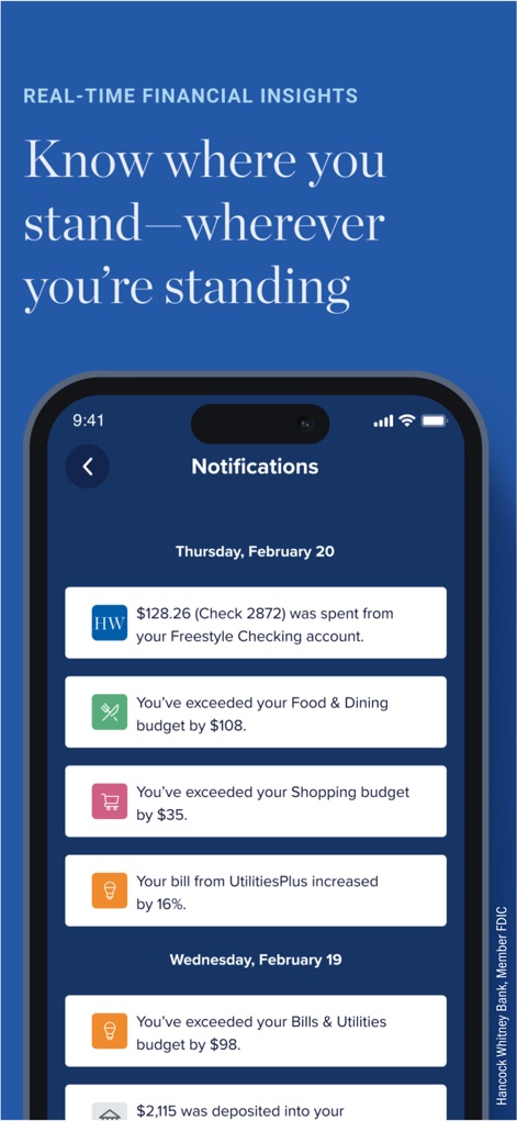 Hancock Whitney Bank - The app delivers timely notifications, informing users about recent spending and alerts when budget limits are exceeded.