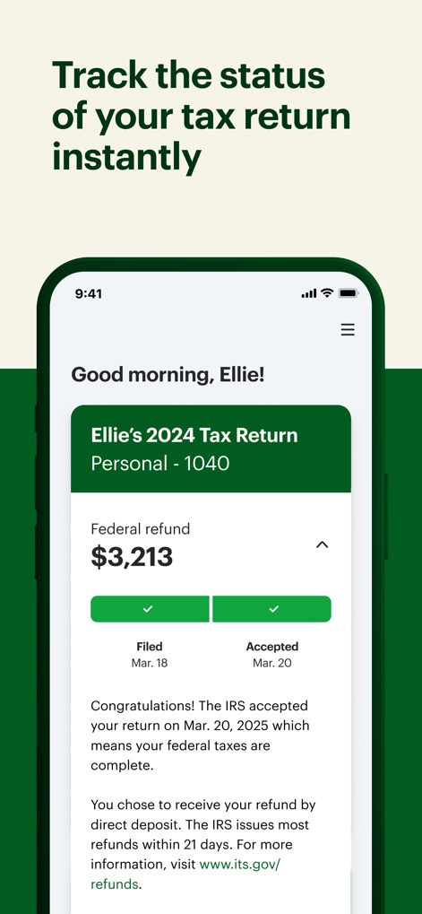 MyBlock: Tax Docs & Refund - The app provides instant visibility into tax return status, clearly displaying the estimated federal refund amount and the 'Filed' and 'Accepted' milestones.