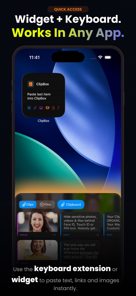 ClipBox – Copy & Paste Manager - The app integrates deeply into the iOS ecosystem, providing instant access to clipboard history via the convenient "Home Screen Widget" and a powerful "keyboard extension."