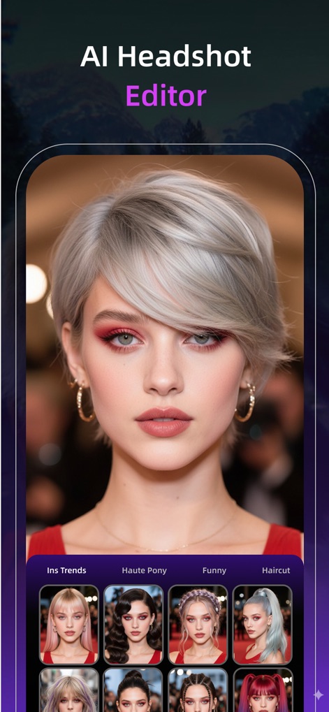 Pixnova: AI Photo&Video Maker - Users can refine their appearance with the AI headshot editor, offering a wide array of hairstyle options and categorized trends like "Ins Trends" for easy selection.