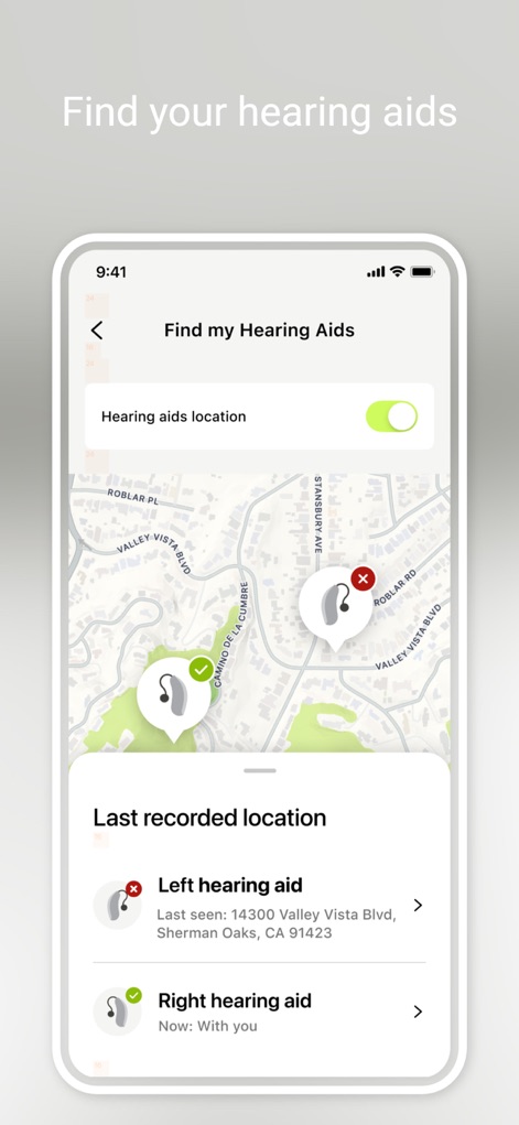 myPhonak - This feature helps users track their hearing aids, displaying their last recorded location on a map and providing precise address details.