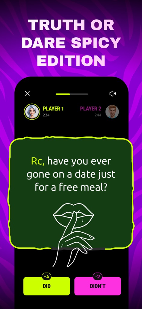 Couples Games: Spicy Challenge - Die App stellt spielerische und persönliche Fragen wie "Rc, have you ever gone on a date just for a free meal?", die durch die Auswahl "DID" oder "DIDN'T" die Kommunikation anregen.