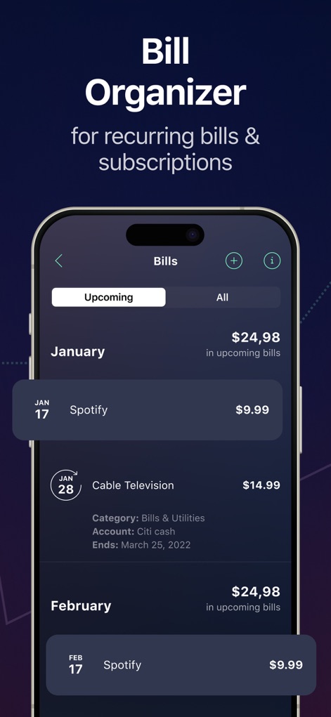 PocketGuard – Budgeting App - This screen highlights the robust 'Bills' section, showing 'Upcoming' payments such as Spotify and Cable Television with clear due dates and amounts.