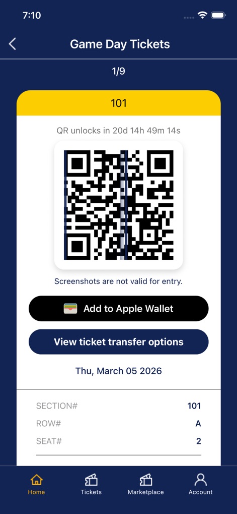 Fans First Tickets - Users can quickly access their game day entry with a dynamic digital QR code and easily integrate tickets into their "Apple Wallet," while also viewing precise seating information such as "Section" and "Row."
