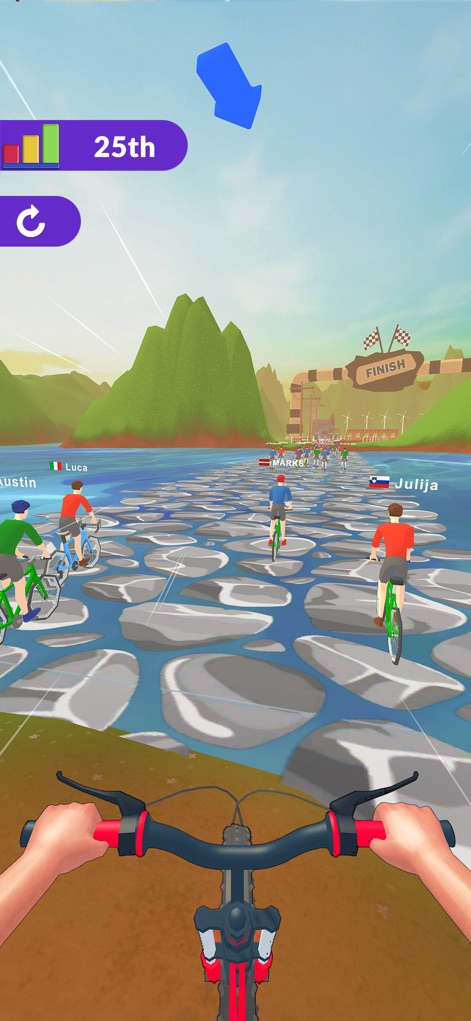 BMX Bike Rider - Bicycle Games - La aplicación desafía a los ciclistas en un original camino de agua y piedras, con la línea de meta a la vista, prometiendo un final emocionante para la carrera.