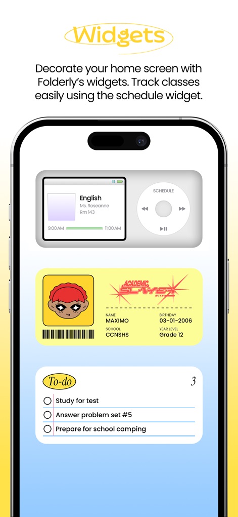 Folderly - Academic Organizer - Os "Widgets" personalizáveis transformam a tela inicial, permitindo acesso rápido a um "schedule widget" e a uma "lista de To-do" essencial.