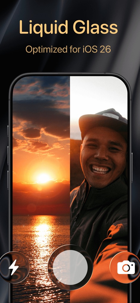 2Camera DualShot Recorder Cam - La interfaz integra características modernas como el efecto 'Liquid Glass', evidente en la transición difusa entre la puesta de sol y el retrato, optimizado para iOS 26.