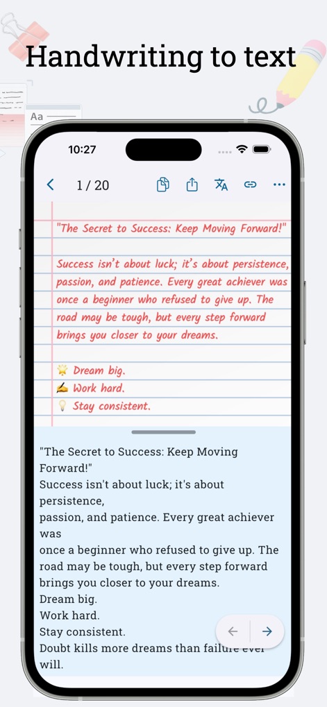 AI Scanner : Image to Text - Explore how the app converts "Handwritten to text" with impressive accuracy, transforming notes from a lined page into editable digital content.