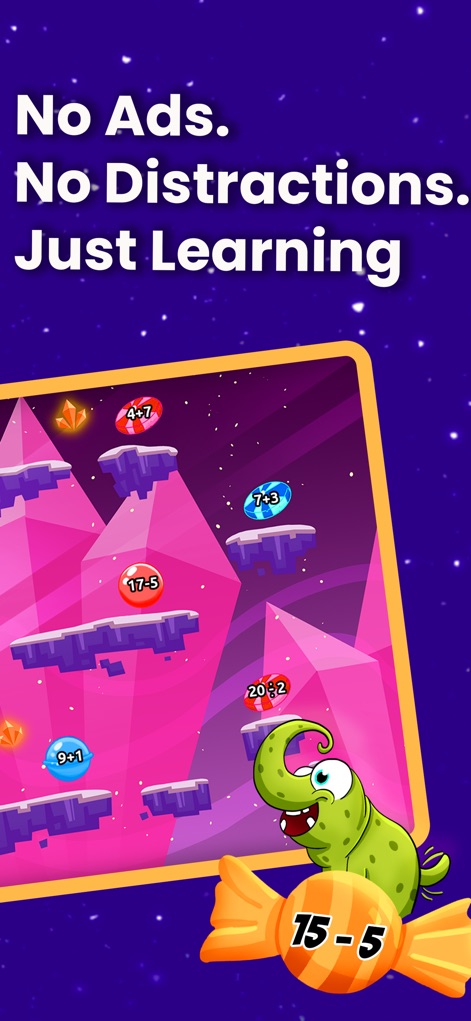 Math Facts Fun Practice Games - 이 스크린샷은 앱이 '광고 없는 깨끗한 화면'을 제공하여 사용자가 학습에만 집중할 수 있음을 강조합니다. '매력적인 몬스터 캐릭터'는 학습을 더욱 즐겁고 몰입감 있게 만듭니다.